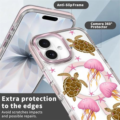 VisEnt Clear Case for iPhone 17, Magnetic Phone Case, Transparent Slim Cover, Military Grade Protection, Shockproof, Anti-Yellowing, Scratch Resistant, Pink Jellyfish Sea Turtle - color: Pink Jellyfish Sea Turtle, size: Iphone 17