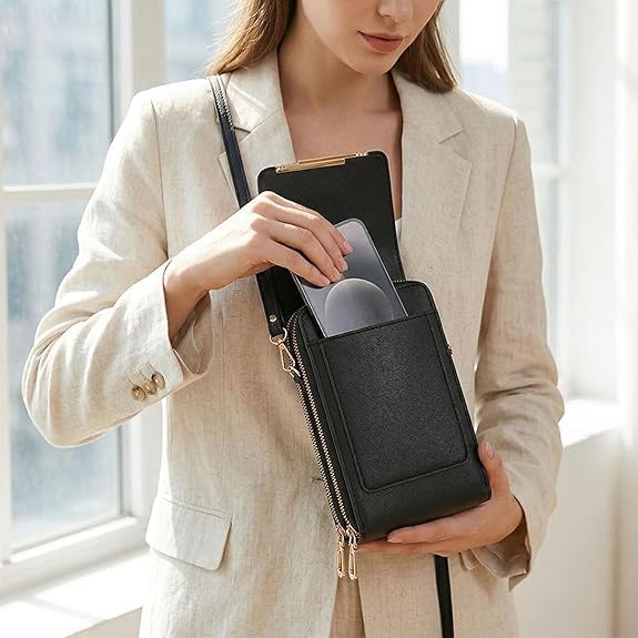 Touchscreen Phone Crossbody Bag, Women's Touch Screen Mobile Phone Messenger bag, Anti Theft Leather Bag - color: Black
