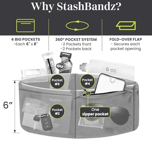 StashBandz Running Belt, Fanny Pack, & Money Belt, 4-Pocket Phone Holder - color: Black, size: X-Small