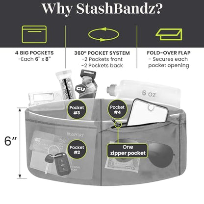 StashBandz Running Belt, Fanny Pack, & Money Belt, 4-Pocket Phone Holder - color: Black, size: Small