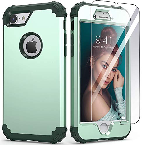 IDweel for iPhone 8 Case with Tempered Glass Screen Protector, for iPhone 7 Case, 3 in 1 Shockproof Slim Hybrid Heavy Duty Hard PC Cover Soft Silicone Bumper Full Body Case,Mint Green - color: Mint