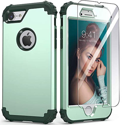 IDweel for iPhone 8 Case with Tempered Glass Screen Protector, for iPhone 7 Case, 3 in 1 Shockproof Slim Hybrid Heavy Duty Hard PC Cover Soft Silicone Bumper Full Body Case,Mint Green - color: Mint