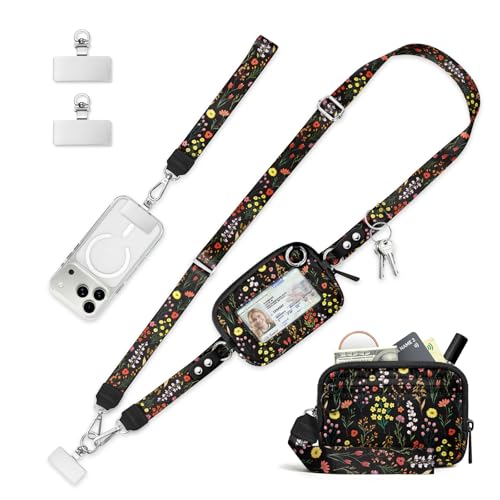Clip and Go Strap for Phone with Wallet Crossbody Lanyard Bloom - color: Flowers Black