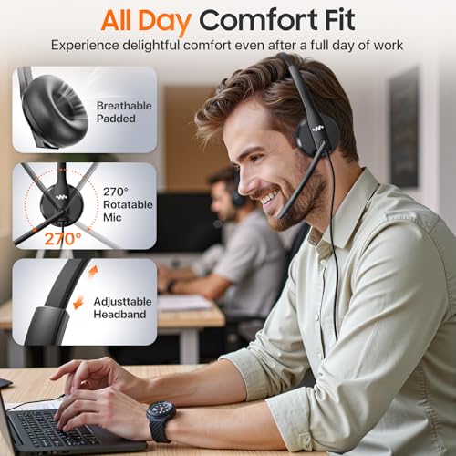 Necode USB Headset with Microphone for PC，Wired Computer Laptop Headset with Noise Cancelling Microphone, Work Headphones with Mic for Home Office Teams Zoom (USB-A&C)-Black