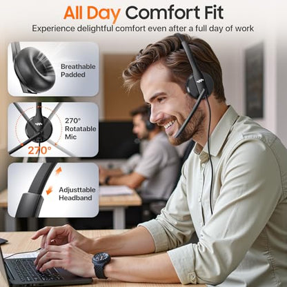 Necode USB Headset with Microphone for PC，Wired Computer Laptop Headset with Noise Cancelling Microphone, Work Headphones with Mic for Home Office Teams Zoom (USB-A&C)-Black