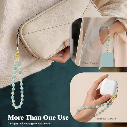 SURPHY Natural Stone Phone Charm, Beaded Phone Wrist Strap with Tether Tab - color: Amazonite