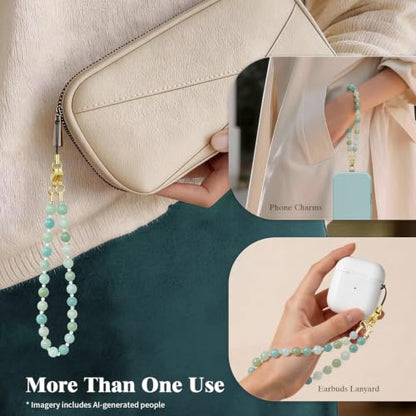 SURPHY Natural Stone Phone Charm, Beaded Phone Wrist Strap with Tether Tab - color: Amazonite
