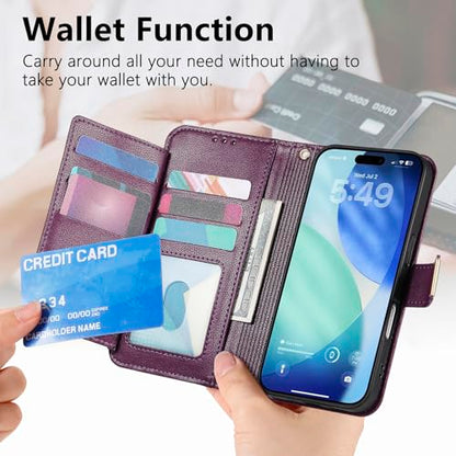 for iPhone 17 Phone Case Wallet, Purple | Built-in Card Holder (8-10 Cards), Zipper Pocket, Wrist Strap, Stand Kickstand, Flower PU Leather Protective Phone Case Women - color: Purple, size: iPhone 17