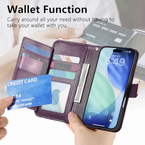 for iPhone 17 Pro Phone Case Wallet, Purple | Built-in Card Holder (8-10 Cards), Zipper Pocket, Wrist Strap, Stand Kickstand, Flower PU Leather Protective Phone Case Women - color: Purple, size: iPhone 17 Pro
