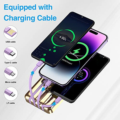 ummz Mini Portable Charger with Built-in 4 Cables，12000mAh Small Power Bank - color: purple