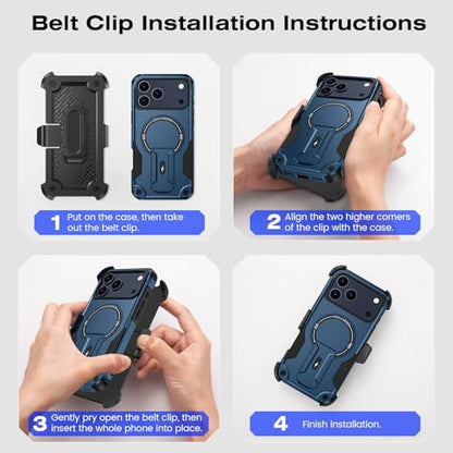 Caka 4-in-1 for iPhone 17 Pro Max Case with Belt Clip Holster and Stand | HD Glass Screen & Camera Lens Protector, Compatible with MagSafe, Hidden Kickstand, Rugged Heavy Duty Shockproof Phone Cover - color: Blue