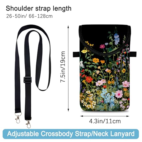 Neoprene Cell Phone Sleeve Pouch Case Bag with Crossbody Strap Neck Lanyard for Women 7.5 X 4.3 in Flowers Plants - color: Flowers Plants