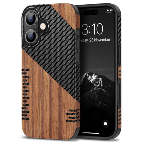 TENDLIN Compatible with iPhone 16 Phone Case Wood Grain with Carbon Fiber Texture Design Leather Hybrid Slim Case (Twill) - color: Twill, size: iPhone 16