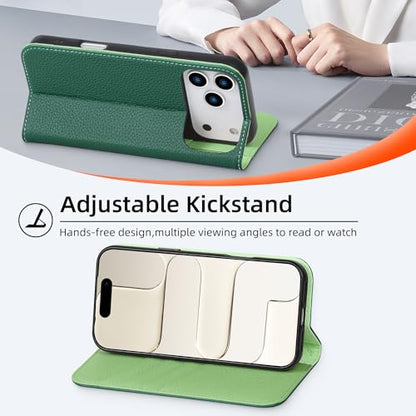 VISOUL Pebbled Leather Wallet Case for iPhone 17 Pro Max 6.9" 2025, Genuine Leather Flip Folio Cover with RFID Blocking Card Holders, Kickstand, Soft TPU Protective Flip Cover -Dark Green+Green - color: Dark Green+Green