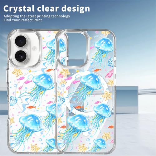 VisEnt Clear Case for iPhone 16, Magnetic Phone Case, Transparent Slim Cover, Military Grade Protection, Shockproof, Anti-Yellowing, Scratch Resistant, Blue Jellyfish Ocean - color: Blue Jellyfish Ocean, size: Iphone 16