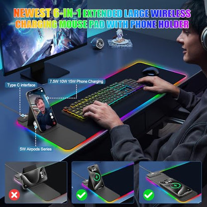 Mouse Pad with Foldable Phone Holder & Wireless Charger, XL RGB Gaming Mousepad 31.5"x11.8" Large Desk Mat for Keyboard, Home Desk Pad with Dual Qi Charging Station | 11 Colors & 5 Modes | Waterproof - color: 31.5x11.81"Phone Stand-Black w/PD Charger
