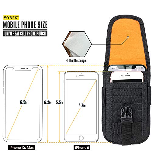WYNEX Tactical Phone Pouch Molle, Phone Blet Holder Fit 4.0-6.7" Screen | Cellphone Holster with 2 compartmen & Card Organizer, Include Tactical Gear Clip, 1000D Nylon - color: Black