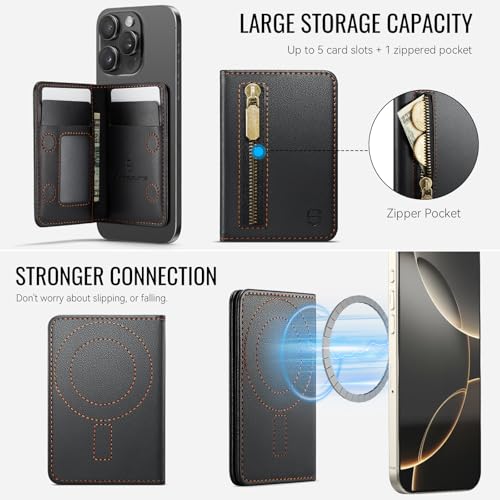 Strapurs Magnetic Card Holder Compatible with MagSafe Phones and Cases, PU Leather Phone Wallet for iPhone 17/16/15/14/13/12/Pro/Max/Plus/Air, 4 Card Slots RFID Blocking with Zipper Pocket - Black - color: Black