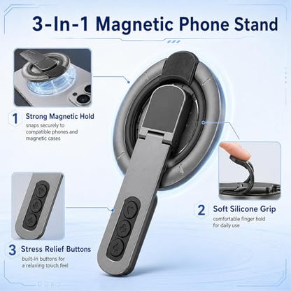 3-in-1 Magnetic Phone Grip Stand,Gym Phone Holder Magnet,360 Roration Angle Adjustment, Silicone Finger Ring,Innovative Pressure-Relief Damping Hinge Design for All Phones(Grey)