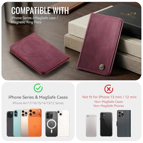 Magnetic Wallet Card Holder with RFID Protection, PU Leather Slim Wallet, Strong Magnet Attachment for iPhone 18/17/16/15/14/13/12 Series Pro Max Plus Mini-Wine - color: Wine