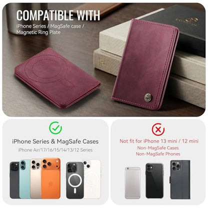 Magnetic Wallet Card Holder with RFID Protection, PU Leather Slim Wallet, Strong Magnet Attachment for iPhone 18/17/16/15/14/13/12 Series Pro Max Plus Mini-Wine - color: Wine