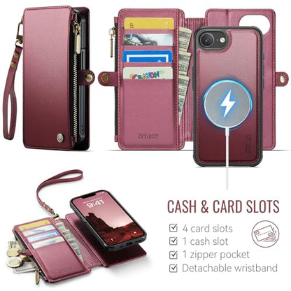 for iPhone 17E - Phone Case Wallet Magnetic Detachable, Burgundy - color: Burgundy, size: iPhone 17e