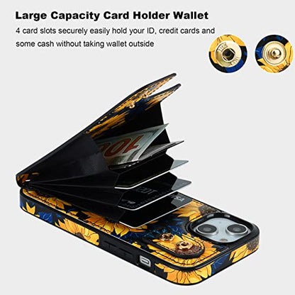 HAOPINSH for iPhone 13/ iPhone 14 Wallet Case with Card Holder, 360°Rotation Ring Kickstand, Blooming Sunflowers Pattern, RFID Blocking Leather for Girls Women,Double Buttons Protective Cover 6.1" - color: Blooming Sunflowers