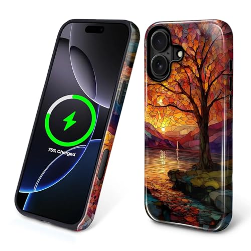 Magnetic Phone Case for iPhone 16 Plus,Compatible with MagSafe,Durable 2 Layers Full Covered Shockproof Protective Cover-Stained Glass Sunrise Fall Leaves - color: Stained Glass Sunrise Fall Leaves, size: iPhone 16 Plus