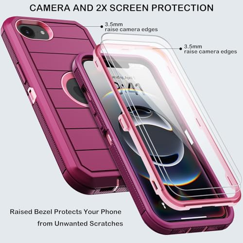 KECAI for iPhone 16e Case with Belt Clip Holster,Screen Protector X2,Heavy Duty Shockproof Drop Protection Military Grade 3 Layers Full Covered Rugged Durable Phone Cover for Apple 16e (Burgundy) - color: Burgundy