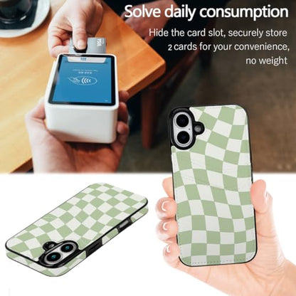 Compatible with iPhone 17 Case Soft Shockproof Card Holder | 2 Card Holder,Cute Green Checkerboard Cover 6.3 inch for Girls Women - color: Green Checkerboard, size: iPhone 17 6.3 inch