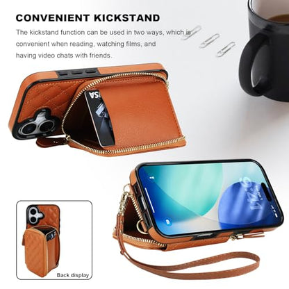 Bocasal Crossbody Wallet Case Card Holder for iPhone 17, Brown | RFID Blocking PU Leather Zipper Handbag Purse, Kickstand Flip Folio Case with Card Slots Holder Wrist Strap Lanyard 6.3 Inch - color: Brown