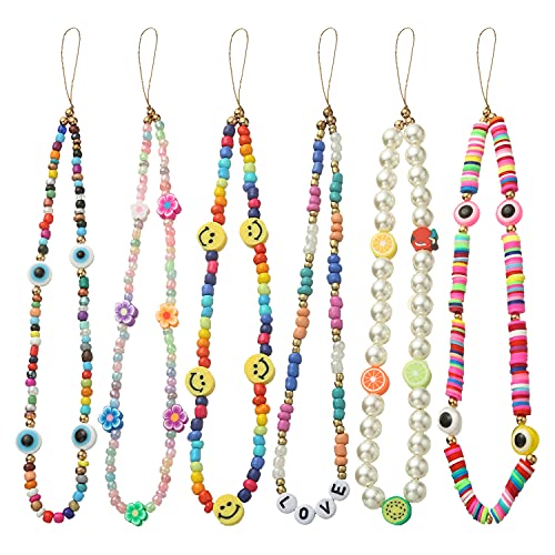 6PCS Beaded Phone Charms Strap Fruit Star Faux Pearl Rainbow Beads Phone Chains Beaded Lanyard for Camera Key Wallet Valentines Day Gifts for Her Women - style: Style6-1