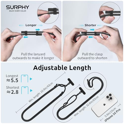 SURPHY Phone Lanyard Crossbody, Phone Strap Crossbody with 2 Tether Tabs - color: Black