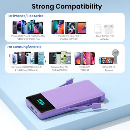 Portable Charger for iPhone,13800mAh Slim Power Bank with Built-in Cables & AC Wall Plug,All in One 4 Outputs USB C Fast Charging Battery Pack for iPhone 17/16/15/14,Android,Travel Essential (Purple) - color: Purple