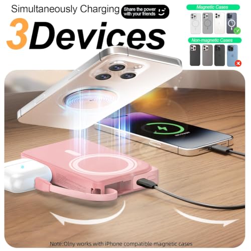 for Magsafe Power Bank iPhone, USB C Magnetic Portable Charger Fast Charging Built in Cable, 10000mAh Wireless Battery Pack for iPhone17/16/15/14/13/12