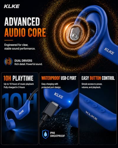 Bone Conduction Headphones for Running with mic and Rear Safety Light - color: KLKE-Blue