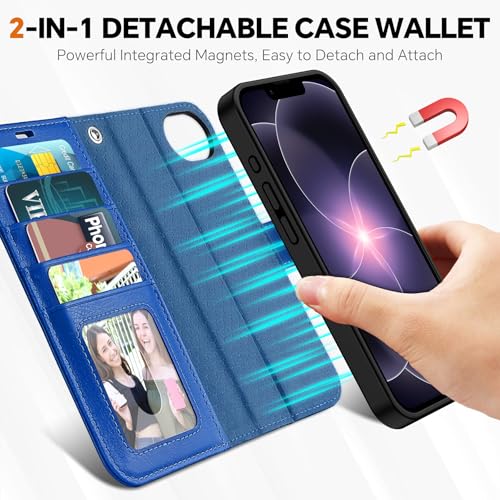 TUCCH 2-in-1 Removable Wallet Case for iPhone 17e/16e (6.1"), Klein Blue | RFID Blocking, 4 Card Holders, Kickstand, Wrist Strap, Wireless Charging, Shockproof TPU, PU Leather, Magnetic, Flip Cover - color: Klein Blue - Textured
