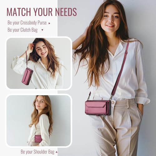 Strapurs Crossbody Wallet Case Compatible with Samsung Galaxy Z Fold 6 with RFID Blocking Card Holder & Pen Holder Slot Soft PU Leather Shoulder Strap Zipper Pocket Purse Fold 6 Phone Case, Wine Red | RFID Blocking 5-Card Holder, Shoulder Lanyard, Wirst S