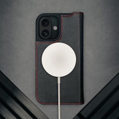 TORRO Leather Case Compatible with iPhone 17 6.3" 2025 - Premium Leather Wallet Flip Case with Kickstand and Card Slots (Compatible with Official MagSafe Chargers) - Black - color: Black with Red Detail, size: iPhone 17