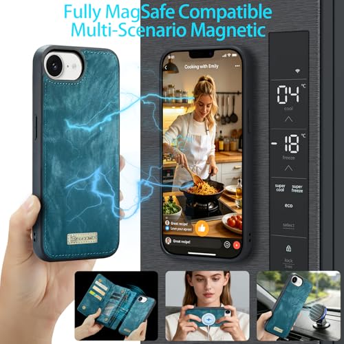 Compatible with iPhone 17E/16E Wallet Case with Magsafe,Blue | Magnetic Detachable Case,Card Holder,Zipper Pocket,Strap Wristlet, Soft Leather Drop-Proof Phone Case for iPhone 17E/16E - color: (Detachable and Magsafe)-Blue, size: iPhone 16E/17E 6.1 Inch