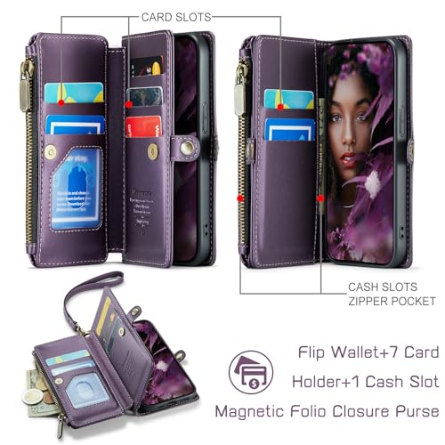 Defencase for iPhone 17E & 16E Wallet Phone Case with Card Holder, Purple | Durable Soft PU Leather, with RFID Blocking Zipper Pocket, Strap, Magnetic Snap Flip Cases Cover with Stand for Women Men - color: Aesthetic Purple