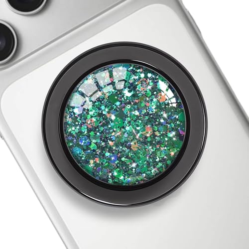 Black Clear Magnetic Phone Grip Holder, Compatible for Magsafe Phone Grip, Collapsible Expandible Mobile Phone Grips Stand Holder for iPhone 17 16 15 14 13 12 Series - Green Glitter - color: Green Glitter