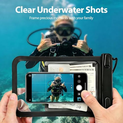 10 In Large IPX8 Black Waterproof Phone Pouch 2 Pack - Dual-Layer with Card Slot & Responsive Touch Screen for Underwater Photos Beach Cruise Travel Essentials for iPhone 17 16/for Galaxy S26 - color: Black+Black