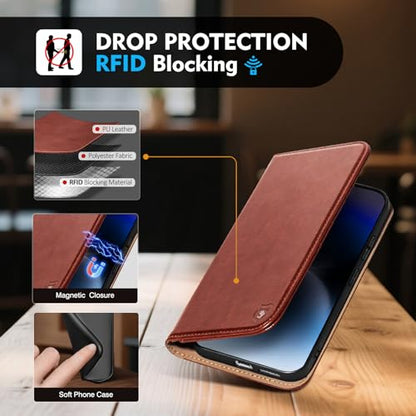 Compatible with Samsung Galaxy S25 Case Wallet with Card Holder [4 Card Slots] Kickstand [RFID Blocking] PU Leather Phone Case Flip Folio Protective Cover TPU Shockproof,Brown - color: Brown, size: Samsung Galaxy S25 5G