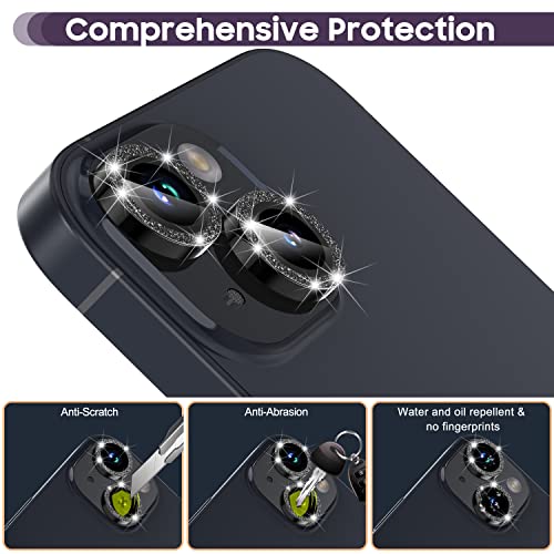 Suoman for iPhone 14 6.1 inch / 14 Plus 6.7 inch Camera Lens Protector, 9H Tempered Glass Film, Metal Frosted Independent Protective Cover [Glitter Diamonds] - Black - color: Bling Black