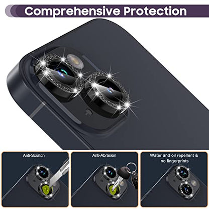 Suoman for iPhone 14 6.1 inch / 14 Plus 6.7 inch Camera Lens Protector, 9H Tempered Glass Film, Metal Frosted Independent Protective Cover [Glitter Diamonds] - Black - color: Bling Black