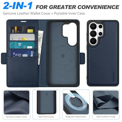 SHIELDON 2 in 1 Genuine Leather Case Wallet for Galaxy S26 Ultra, Navy Blue | Detachable, RFID Blocking, Credit Card Holder, Magnetic Closure, Kickstand, Folio Full Protective Cover - color: Navy Blue