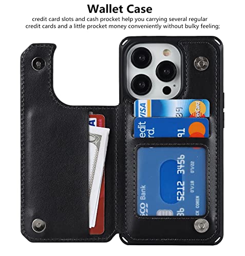iCoverCase Compatible with iPhone 14 Pro Wallet Phone Case with Card Holder for Women, RFID Blocking Embossed PU Leather Wrist Strap Case 6.1 Inch (Macaron Black) - color: P-Black