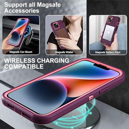 YKHJKLEC for iPhone 13/iPhone 14 Case, Compatible with Magsafe, 3 in 1 Heavy Duty Shockproof/Drop Proof/Dust Proof Case with 2Pcs Tempered Glass Screen Protector (New-Purple/Pink) - color: New-Purple/Pink