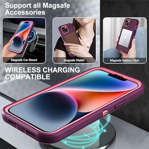 YKHJKLEC for iPhone 13/iPhone 14 Case, Compatible with Magsafe, 3 in 1 Heavy Duty Shockproof/Drop Proof/Dust Proof Case with 2Pcs Tempered Glass Screen Protector (New-Purple/Pink) - color: New-Purple/Pink